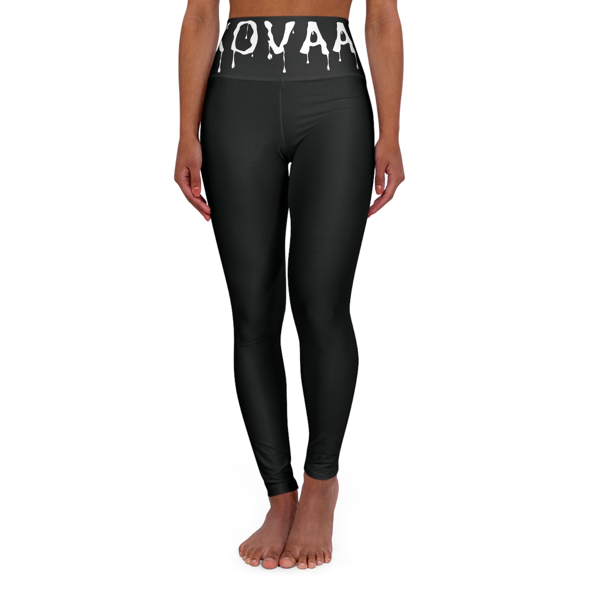 High-Waist Yoga Leggings with Drip Logo Waistband — Black AOP Activewear