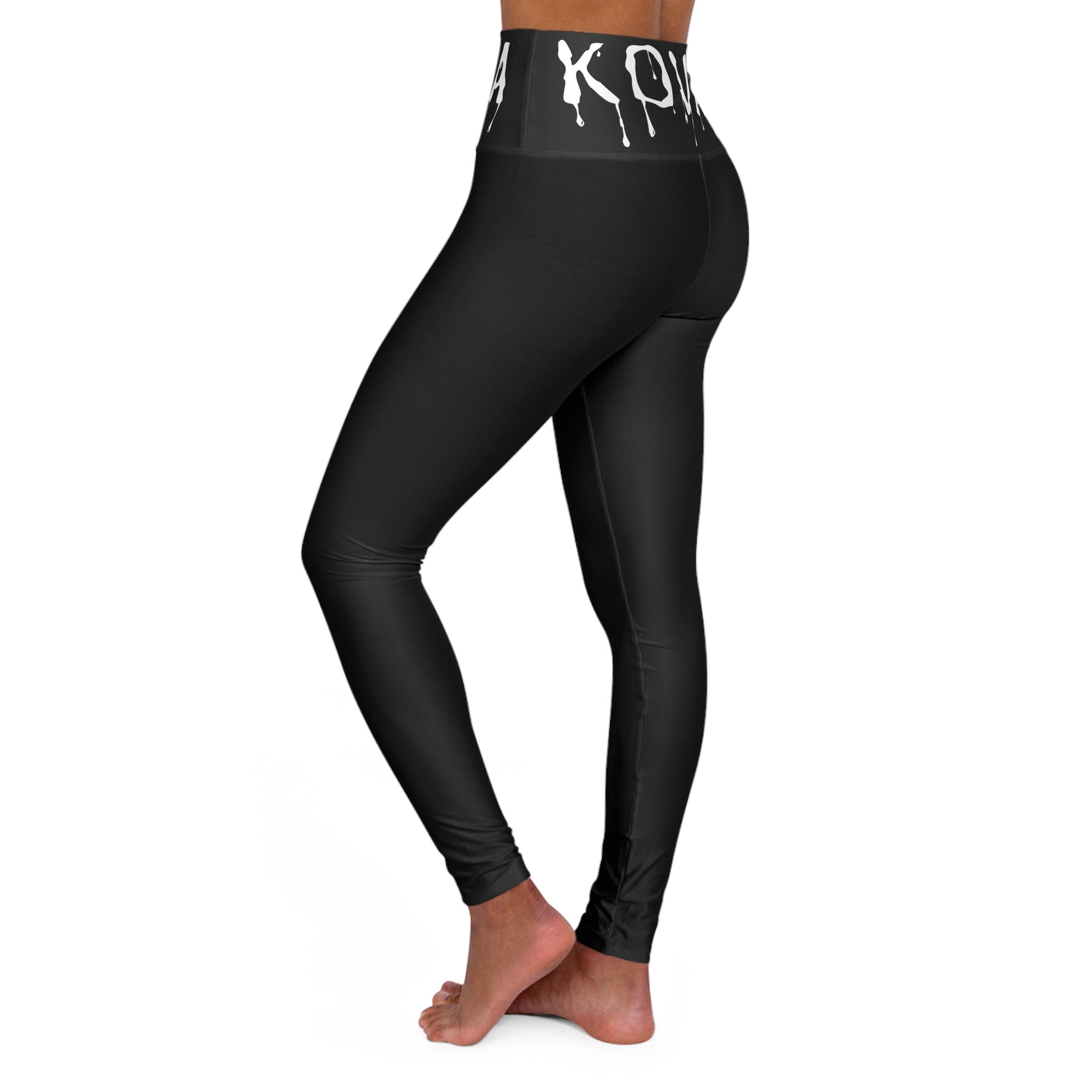 High-Waist Yoga Leggings with Drip Logo Waistband — Black AOP Activewear