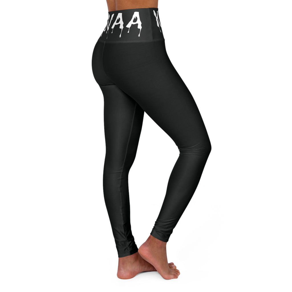 High-Waist Yoga Leggings with Drip Logo Waistband — Black AOP Activewear
